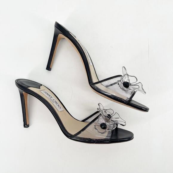 Jimmy Choo Black Saskia 85 Embellished Floral PVC Slip-On Sandal Heels IT 39.5 - Picture 3 of 11